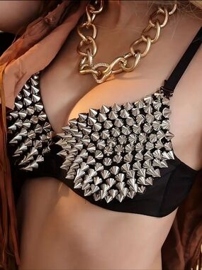 Punk Moto Heavy Metal Style Bra With Rivet Spikes In Silver Or Black Size L